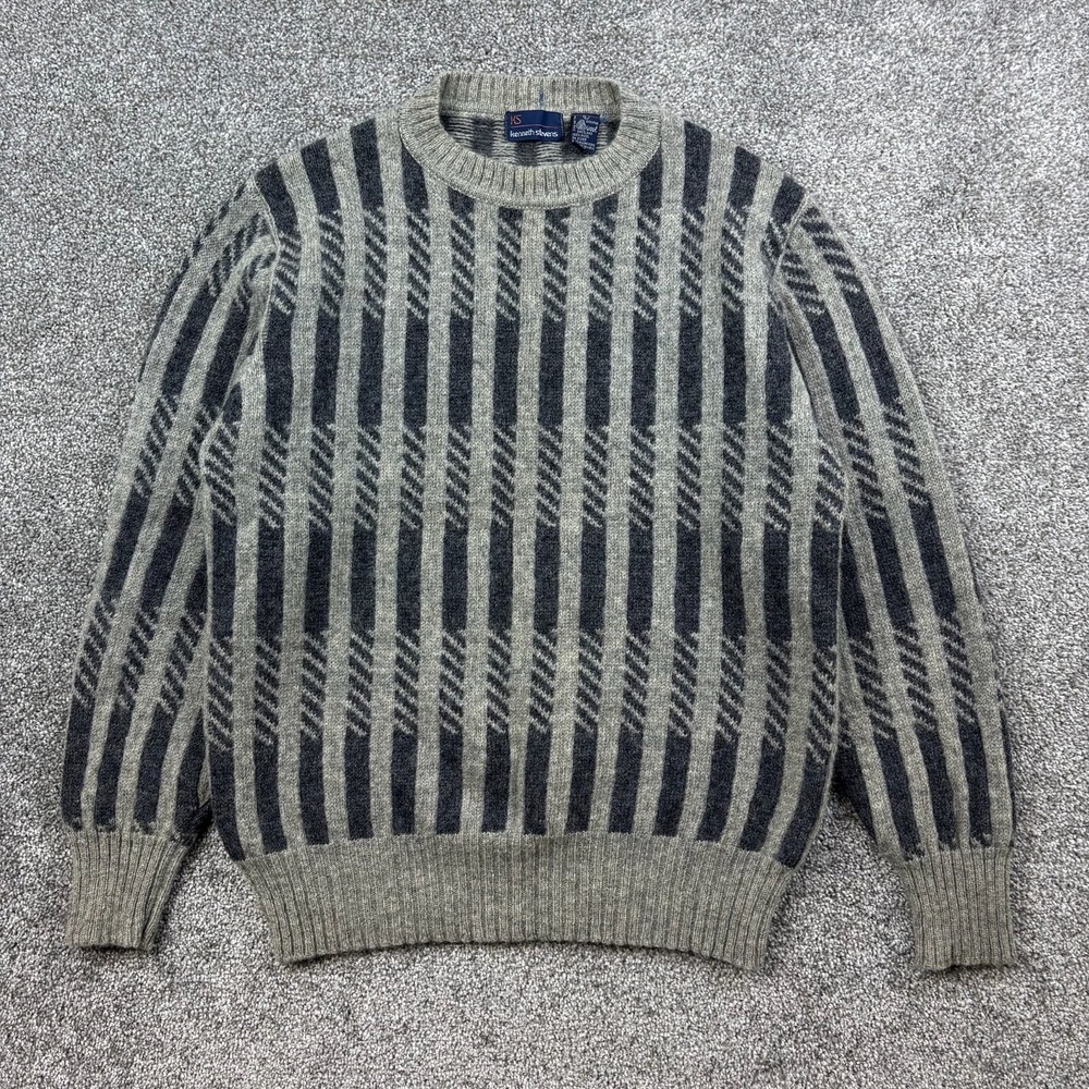 Vintage Kenneth Stevens Wool Sweater Men L Gray Knit Pullover Shetland Geometric